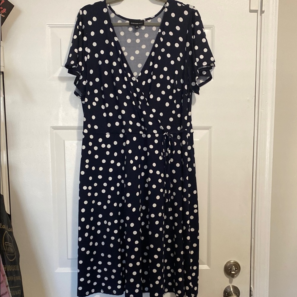 Fortune + Ivy Navy Polka Dot Faux Wrap Dress